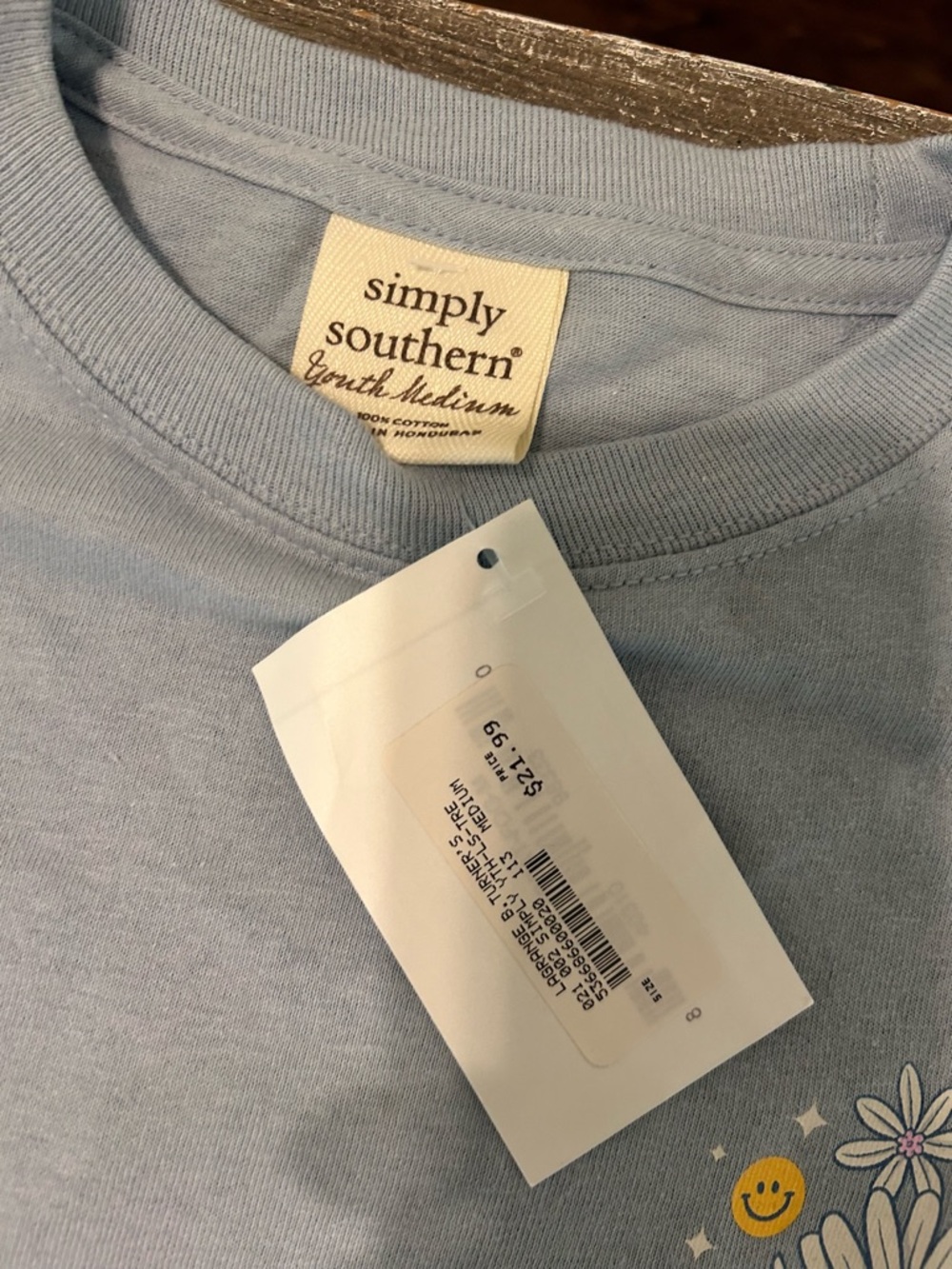 NWT Simply southern youth medium Light Blue Long Sleeve Tee with Floral Graphic - Picture 3 of 3
